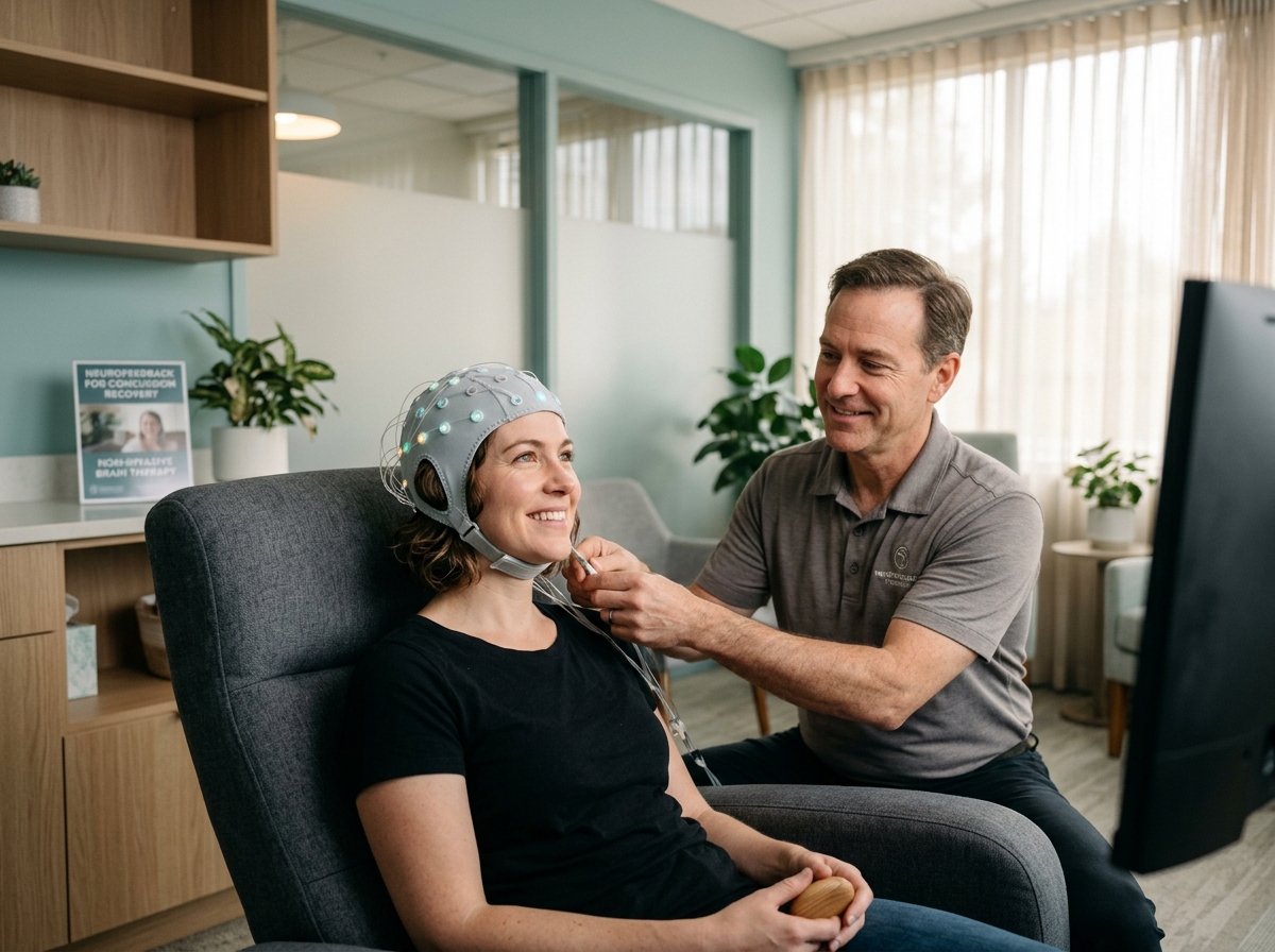 Patient undergoing non-invasive neurofeedback recovery for concussion and TBI